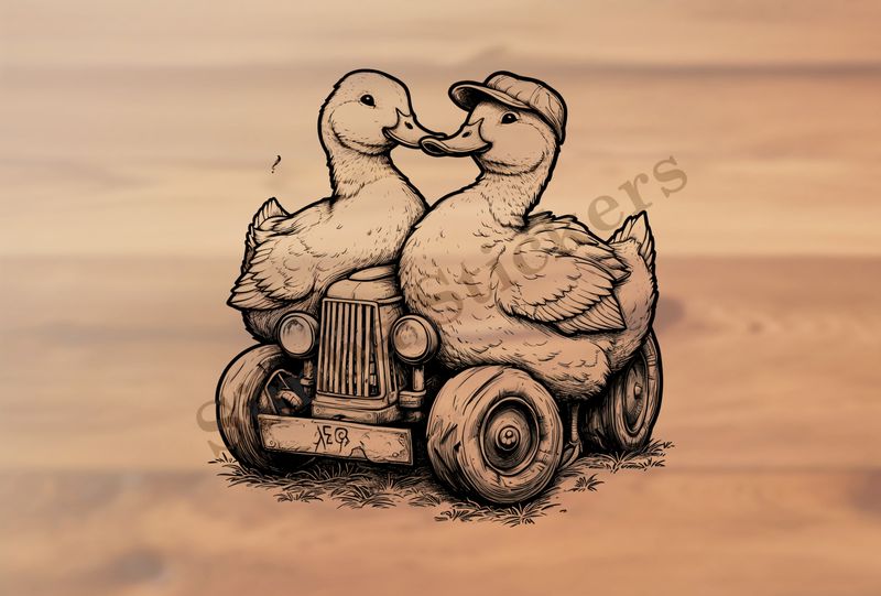 Ducks cuddling on farmer&#x27;s tractor, one with farmworker&#x27;s hat, outline art
