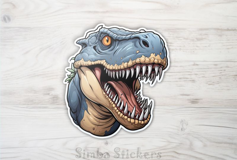 Bluish dinosaur showing large teeth