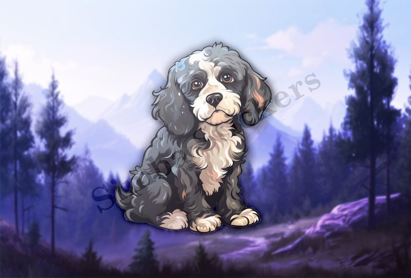 Black and white Cookapoo dog looking sad