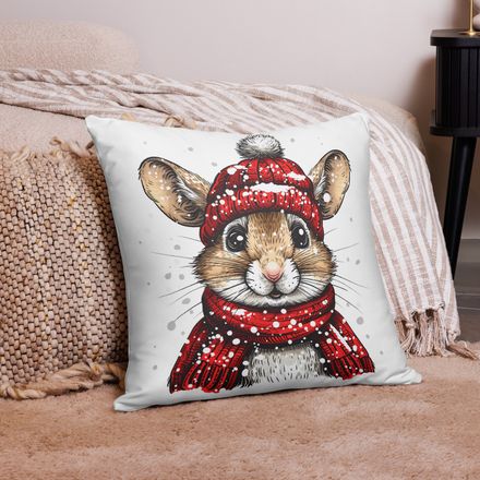 Pillow case 22x22, Mouse wearing red winter hat and scarf in the snow, xg8dl3