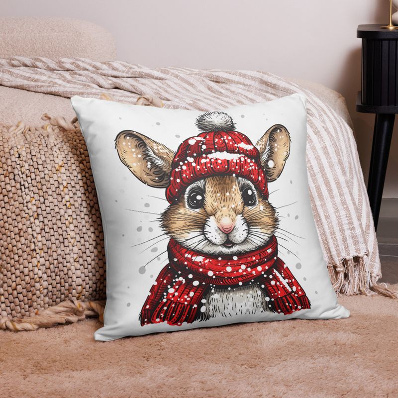 Pillow case 22x22, Mouse wearing red winter hat and scarf in the snow, xg8dl3
