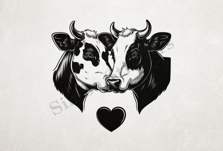 Cattle, bull and cow cheek-to-cheek, heart in picture, outline art