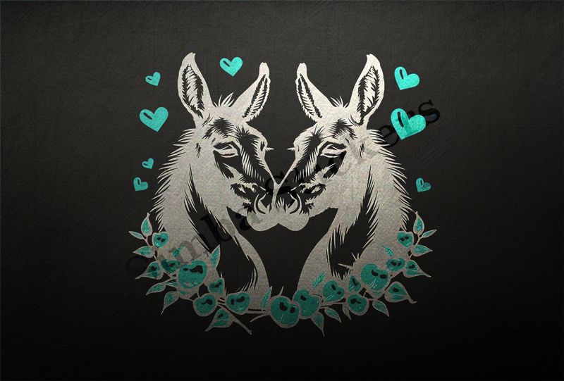 Donkeys in love, nose-to-nose, flower wreath, outline art