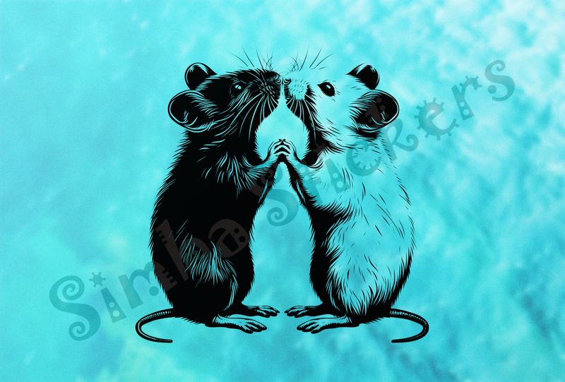 Mice nose-to-nose, holding hands, tails coiled,  outline art