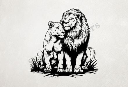 Majestic lion with lioness leaning into it ,  outline art