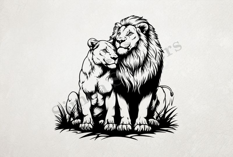Majestic lion with lioness leaning into it ,  outline art