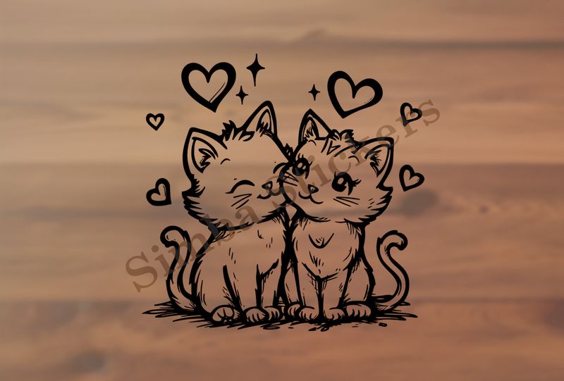 Cat kittens cheek-to-cheek, romantic, outline art