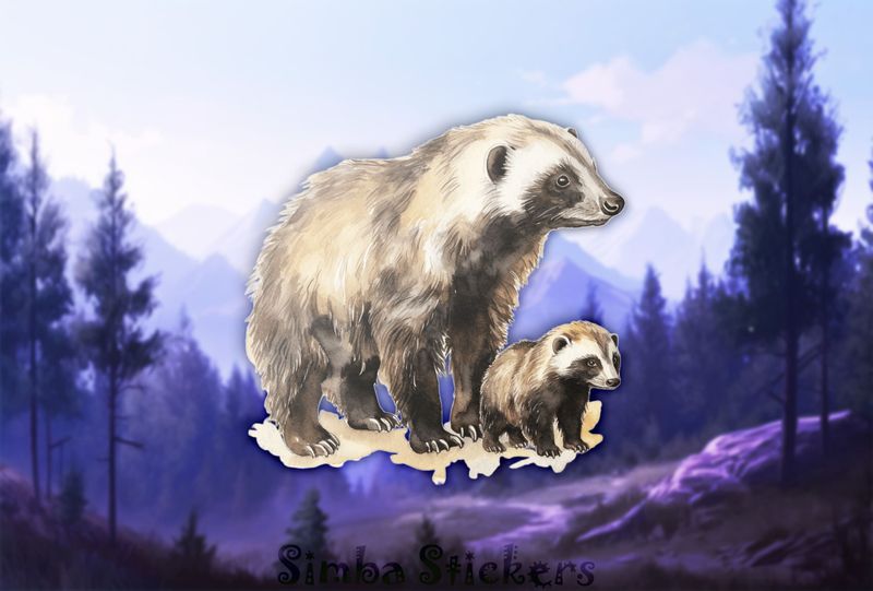 Honey Badger mother standing over child, watercolour, hj6foc