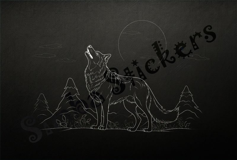 Wolf howling at the moon, outline art