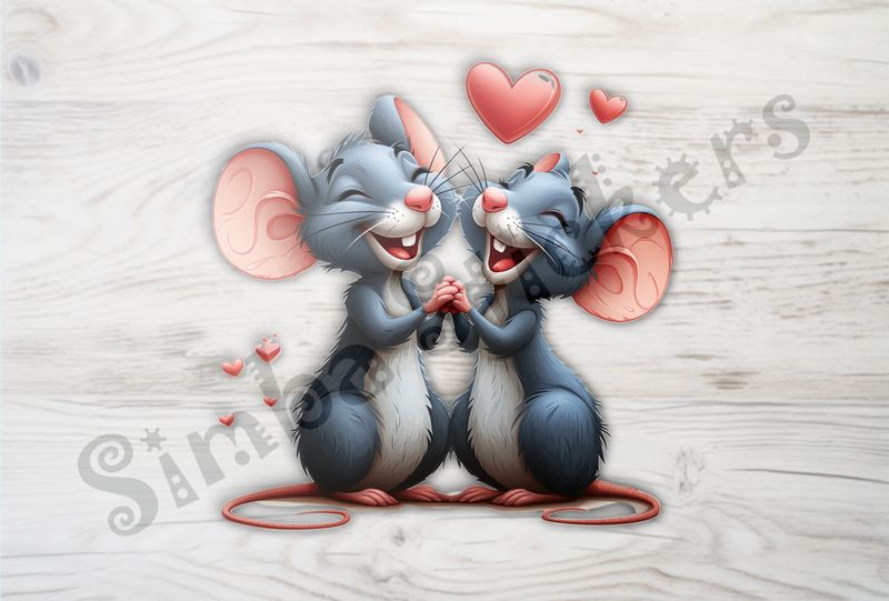 Mice laughing while holding hands, Valentine&#x27;s hearts above