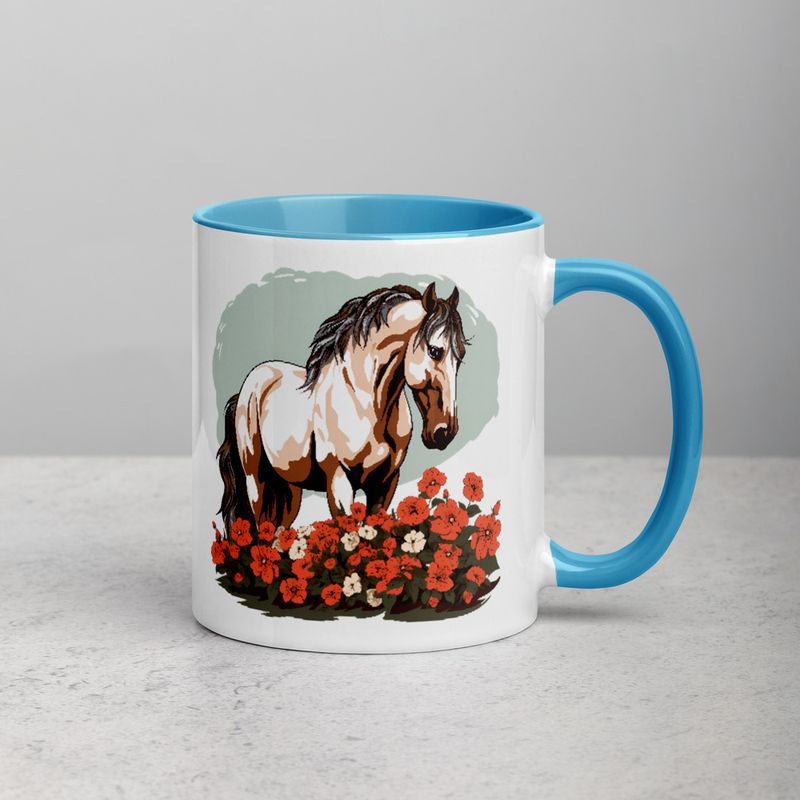 White Ceramic Mug with Color Inside, 11&amp;15oz, Brown horse in field of red flowers, n4w2fj