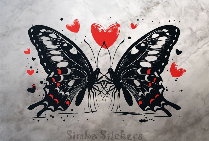 Butterflies in love touching, Valentine&#x27;s hearts above, outline art, njrsnk