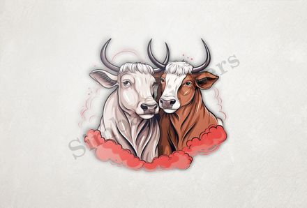 Bull and cow, romantic, reddish clouds, qoucds