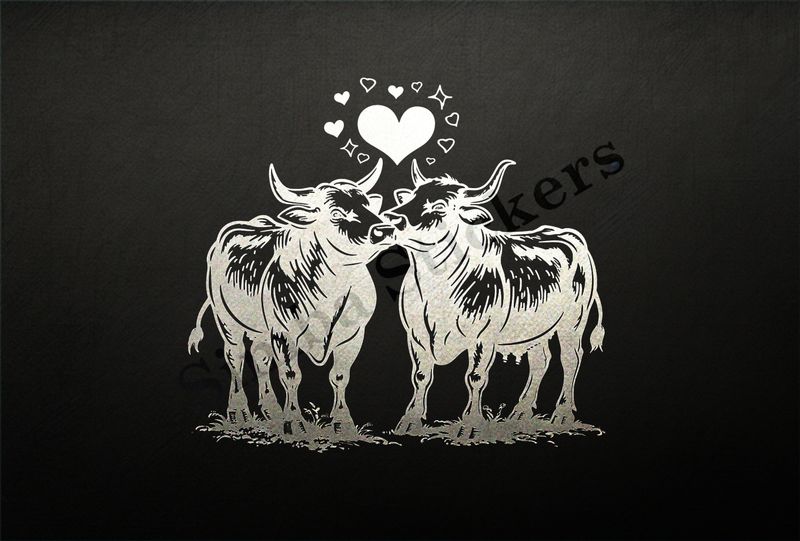 Cattle,  bull and cow in love , standing in the grass, outline art