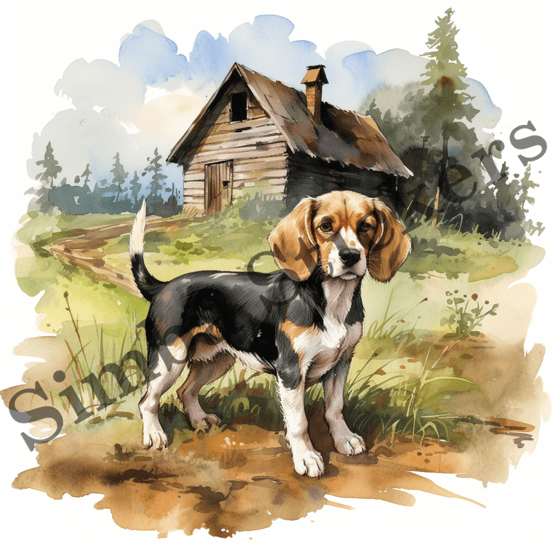 Beagle dogs in the wild, watercolour, image set, 10 images