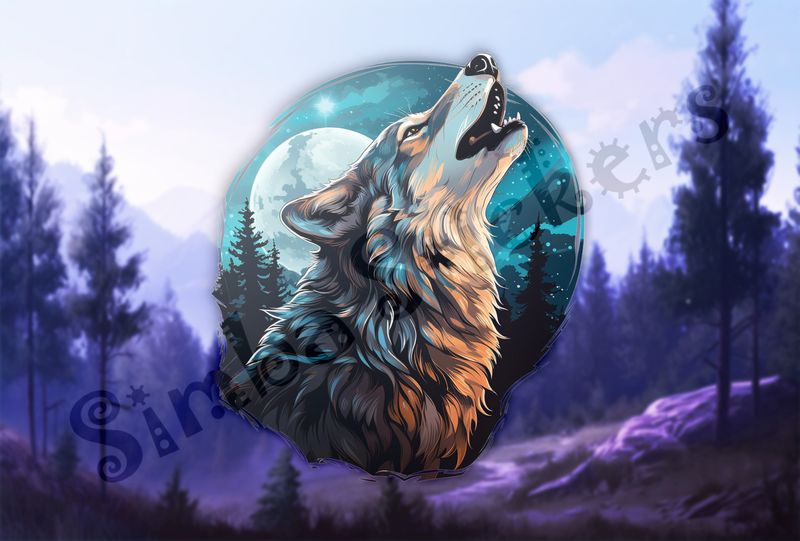 Wolf howling at the moon under colourful moonlight