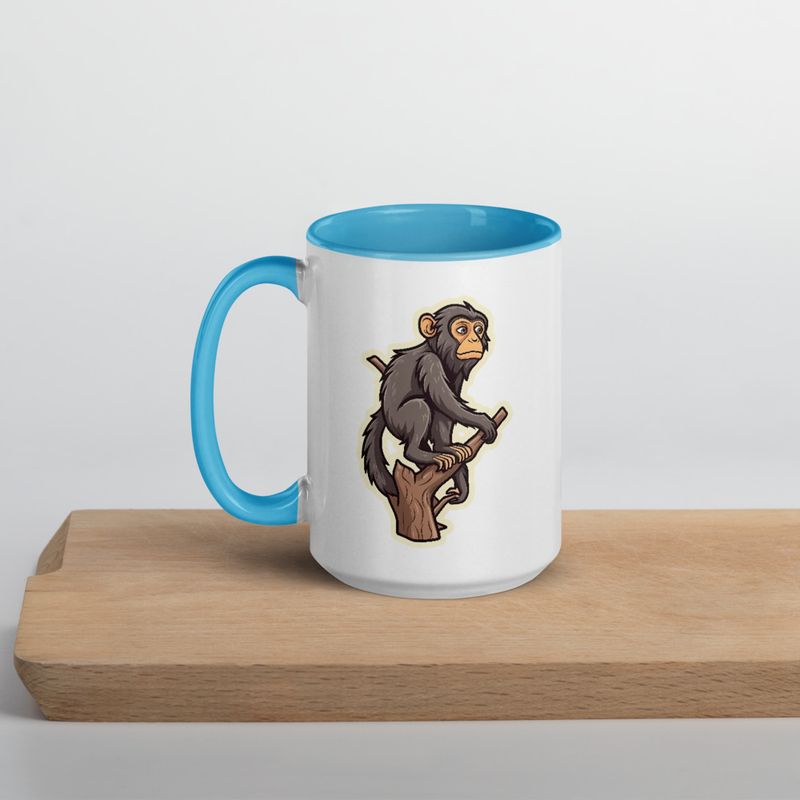 White Ceramic Mug with Color Inside, 11oz &amp; 15oz, Baboon on a tree, looking sad, head-to-head