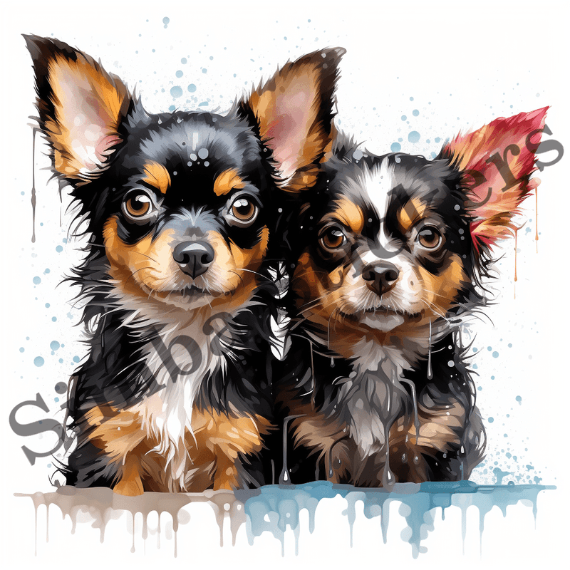 Chihuahua dogs wet in the rain, watercolour, image set, 10 images