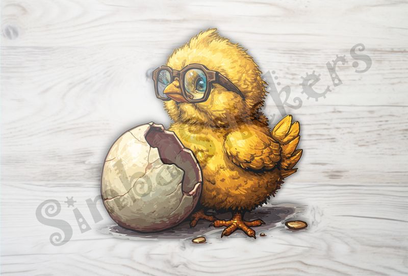 Chick in glasses standing next to mostly intact egg