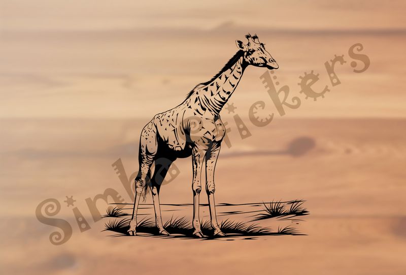 Giraffe standing tall in shrubs, outline art