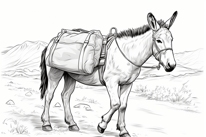 Colouring pages, bundle of singular donkeys, 10 images