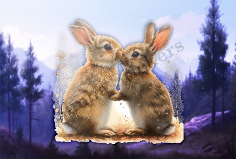 Bunnies in love,  nose-to-nose, arm-to-arm