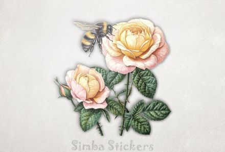 Bee flying around beatutiful pinkish rose flowers, watercolour