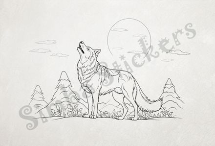 Wolf howling at the moon, outline art