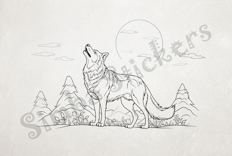 Wolf howling at the moon, outline art