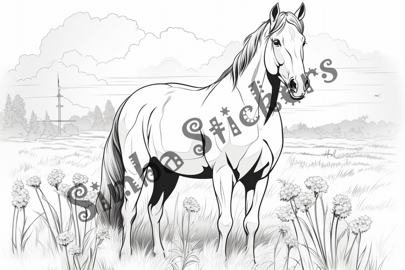 Colouring pages, bundle of horses on grass, 10 images