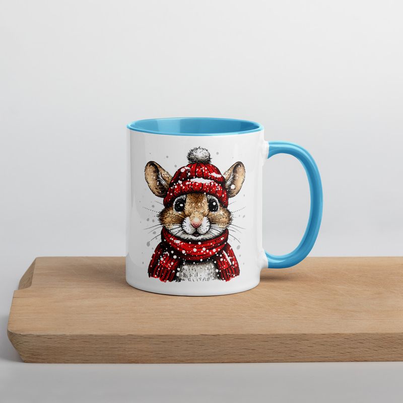White Ceramic Mug with Color Inside, 11&amp;15oz, Mouse wearing red winter hat and scarf in snow, xg8dl3