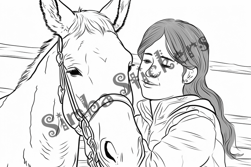 Colouring pages, bundle of mules hugged by child, 10 images