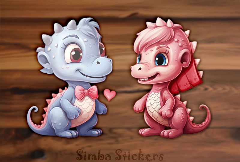 Blue and pink baby dinosaurs in love