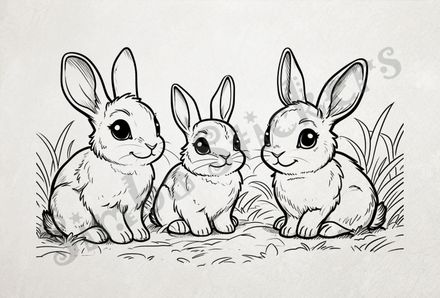 Group of 3 hares in the field, outline art