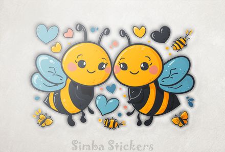 Bees in love with blue romantic hearts