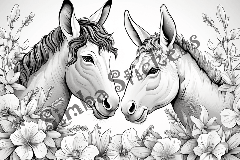 Colouring pages, bundle of donkeys in love, 10 images