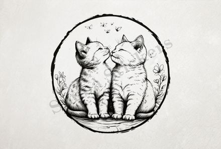 Cat kittens in love, in circle, outline art