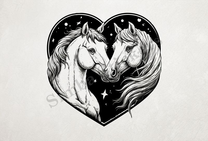 Horses nose-to-nose, both white, in a heart, outline art