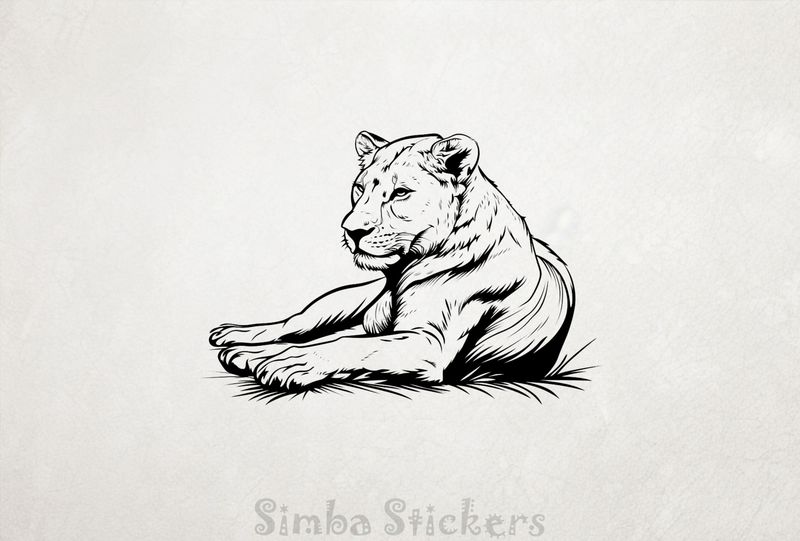 Lioness resting atentively in the Savanna, outline art, 90uvno