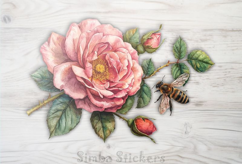 Bee buzzing around a rose flower