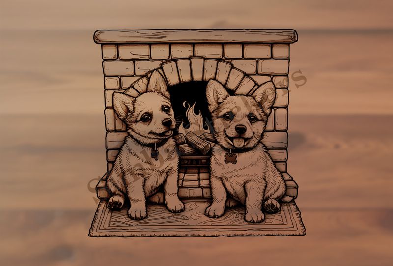 Dogs in love by the fireplace, outline art, reqw9m