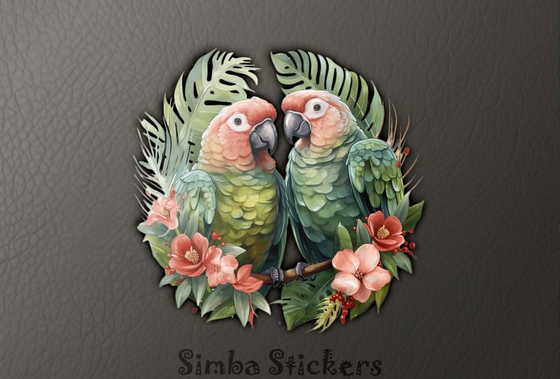 Green parrots in green leaves and pinkish flowers, watercolour, yk2x8b