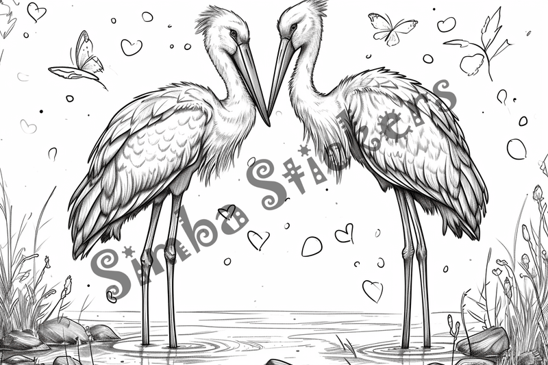 Colouring pages, bundle of marabou storks in love, 10 images