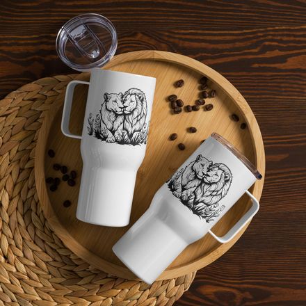 Travel Mug, Cattle, Male lion with lioness, outline art, kbdgyu 