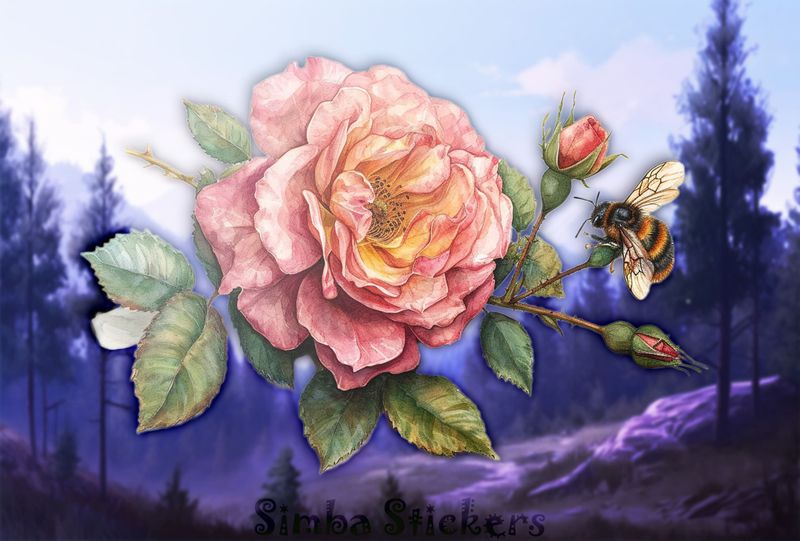 Bee buzzing around a pink rose flower