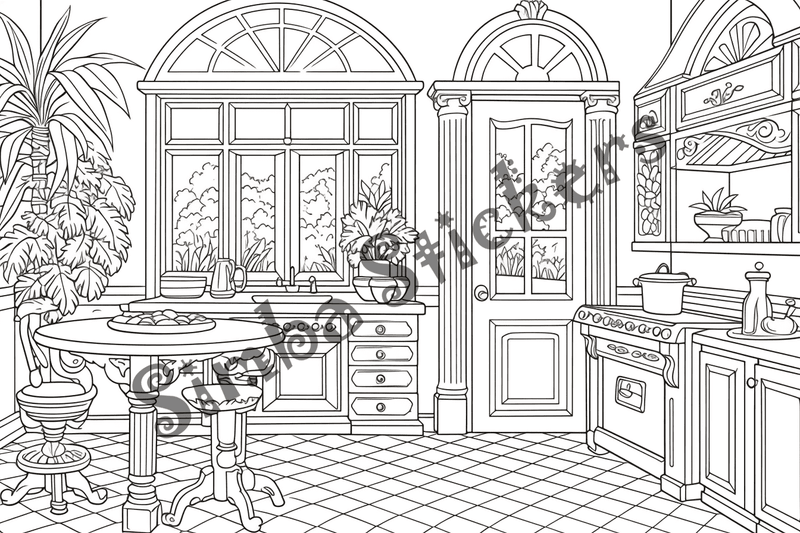 Colouring pages, bundle of house kitchens, 10 images