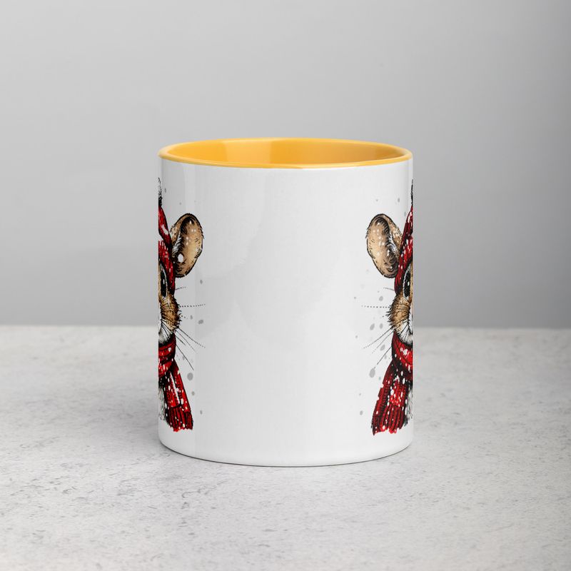 White Ceramic Mug with Color Inside, 11&amp;15oz, Mouse wearing red winter hat and scarf in snow, xg8dl3