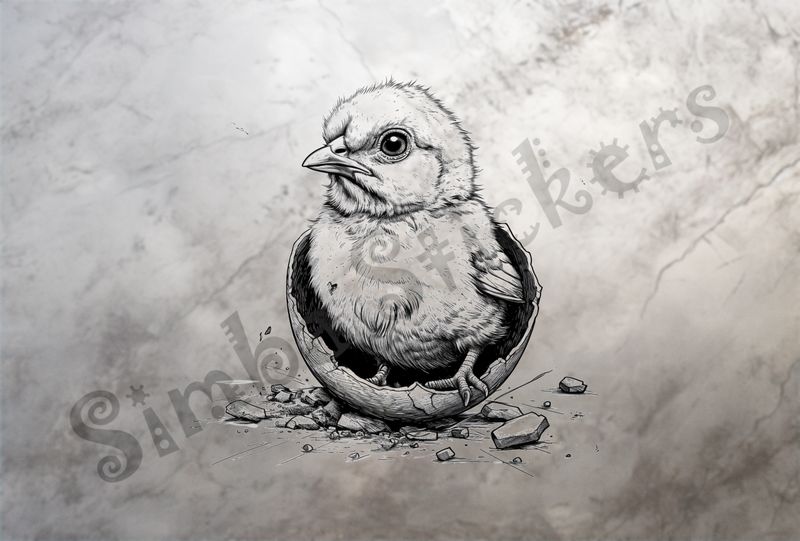 Chick sitting on broken egg shell after hatching, outline art