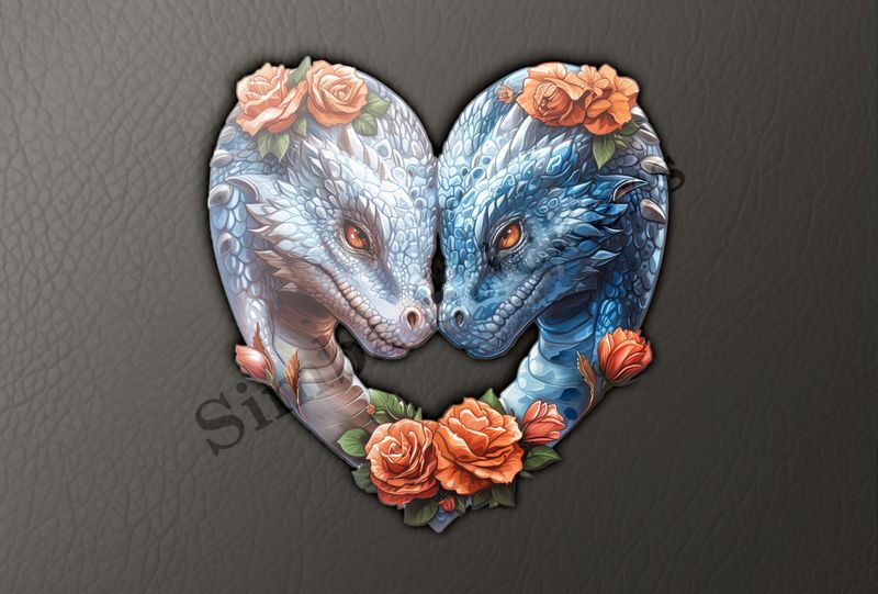 Blue and white dragons nose-to-nose in love, orange flowers, watercolour