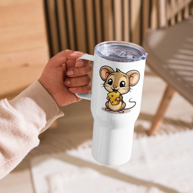 Travel Mug, Cattle, Small Mouse happily licking large chunk of cheese, pqapy6
